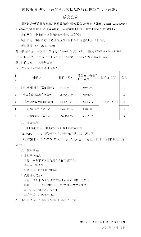 南区街道-曹边北台重点片区精品路线建设项目（北台段） 成交公告